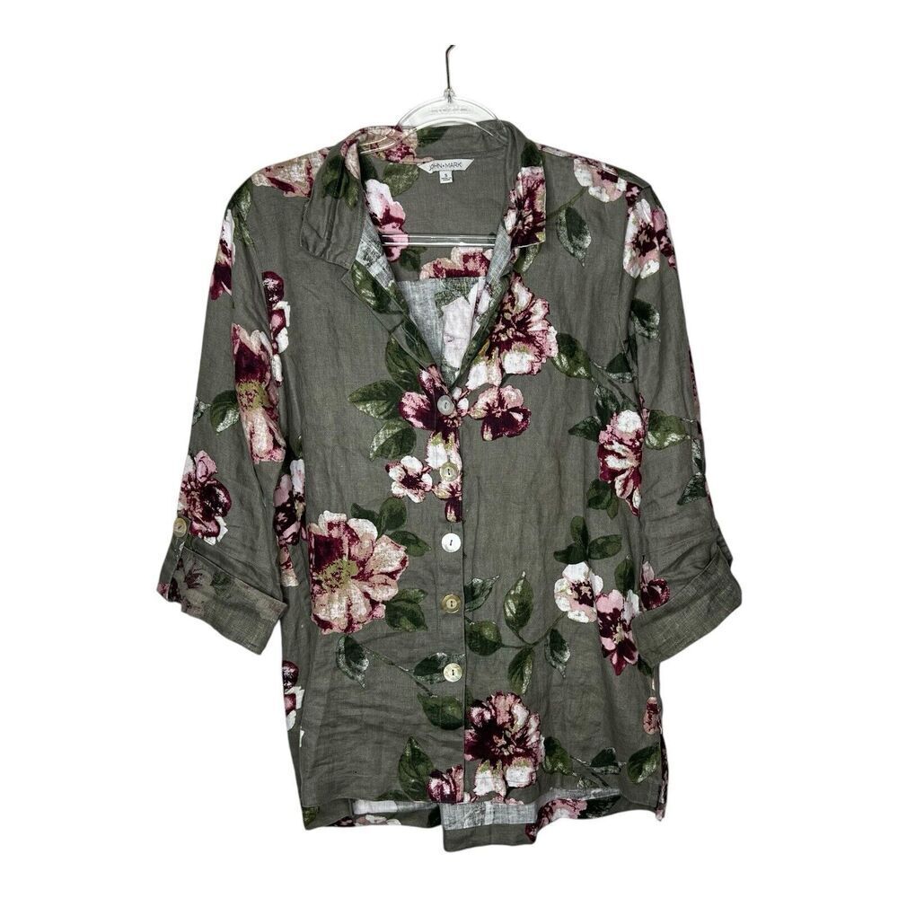 John Mark Top Womens Small Button‎ Up Linen Floral Lagenlook Cottagecore Boho